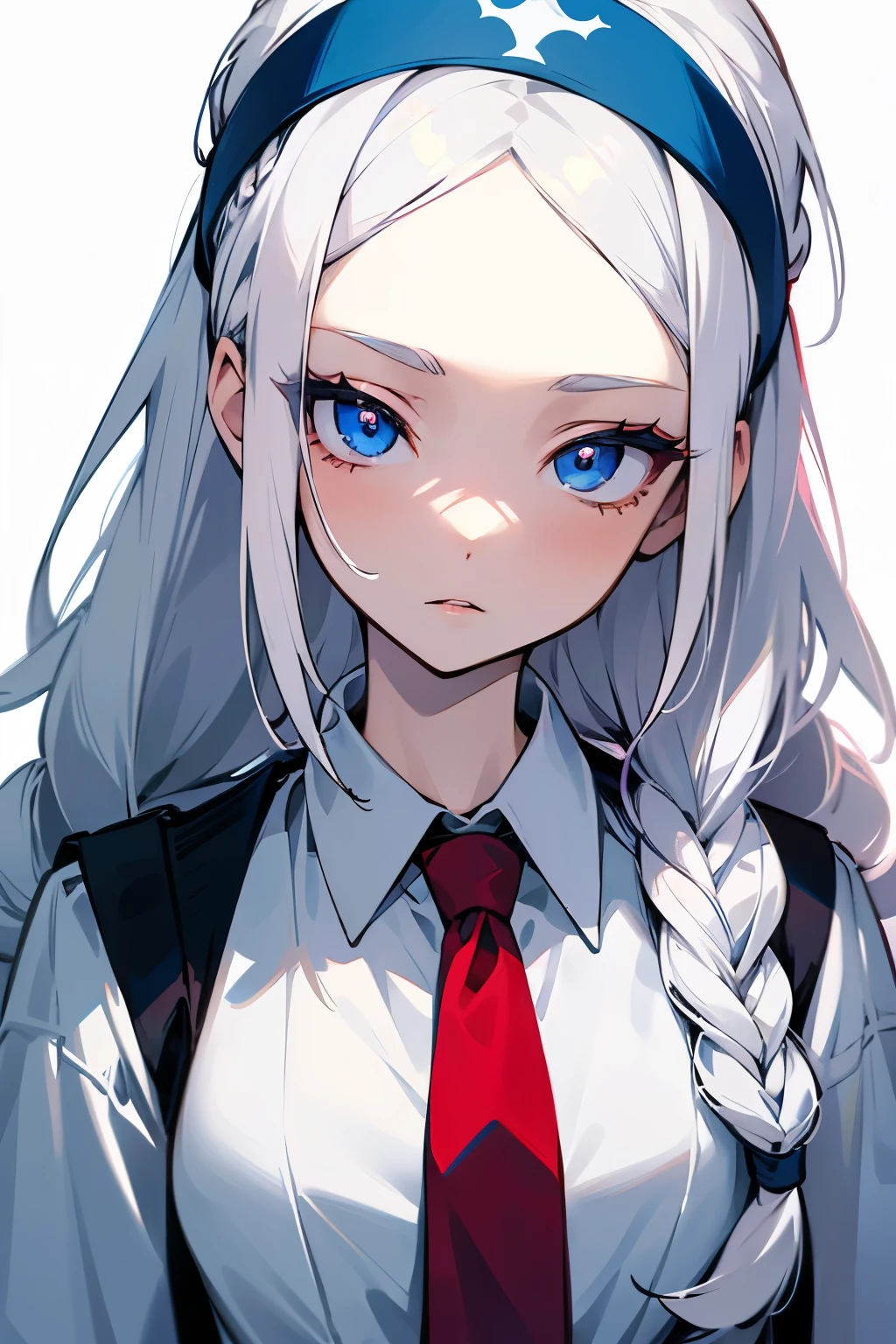 (anime) a closeup of a girl. pale skin, white hair. her eyes are yellow, but her right eye is half blue. the blue is on the top. she has three braids, two in the front of her face and one in the back. she has a middle part. her bangs are slicked under her braids. she wears a navy headband and a white button up shirt. she wears a red tie that is tucked under a navy v-neck sweater. 