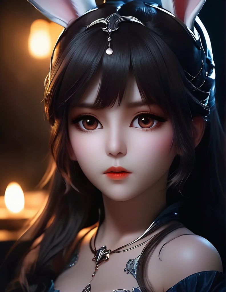 quality(8k wallpaper of extremely detailed CG unit, masterpiece, hight resolution, top-quality, top-quality real texture skin,hyper realisitic, digitial painting,increase the resolution,RAW photos,best qualtiy,highly detailed,the wallpaper),BREAK,8K, Chibi, rabbit ears, (highest quality, Tabletop:1.2, 超A high resolution, Realistic:1.5), RAW Photos, One Girl, In the Dark, Deep Shadow, Low light, Cool Tones, Captivating Gaze, long hair white , Foggy atmosphere, Mysterious atmosphere, Subtle highlights, Dramatic contrast, Graceful pose, Intense emotions, Heavenly beauty, enchanting darkness, Captivating Expressions