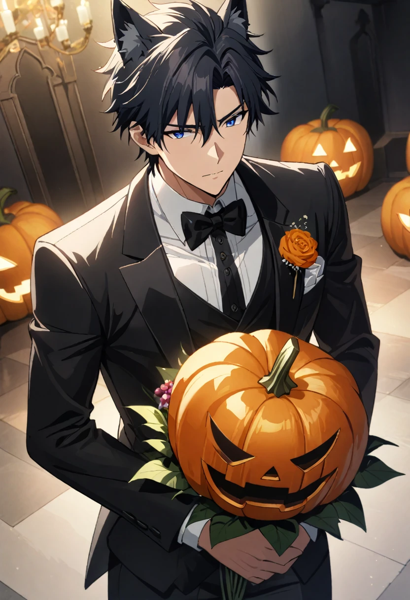 1boy, 25 years old refresh handsome holy knight man, wolf ear headband, wearning tuxedo jacket and wearning swimsuit, having Halloween pumpkin and wedding bouquet, Halloween and dark wedding chapel, middle muscler, knight is fall into darkness, japan anime style, masterpiece, best quality, very aesthetic, absurdres