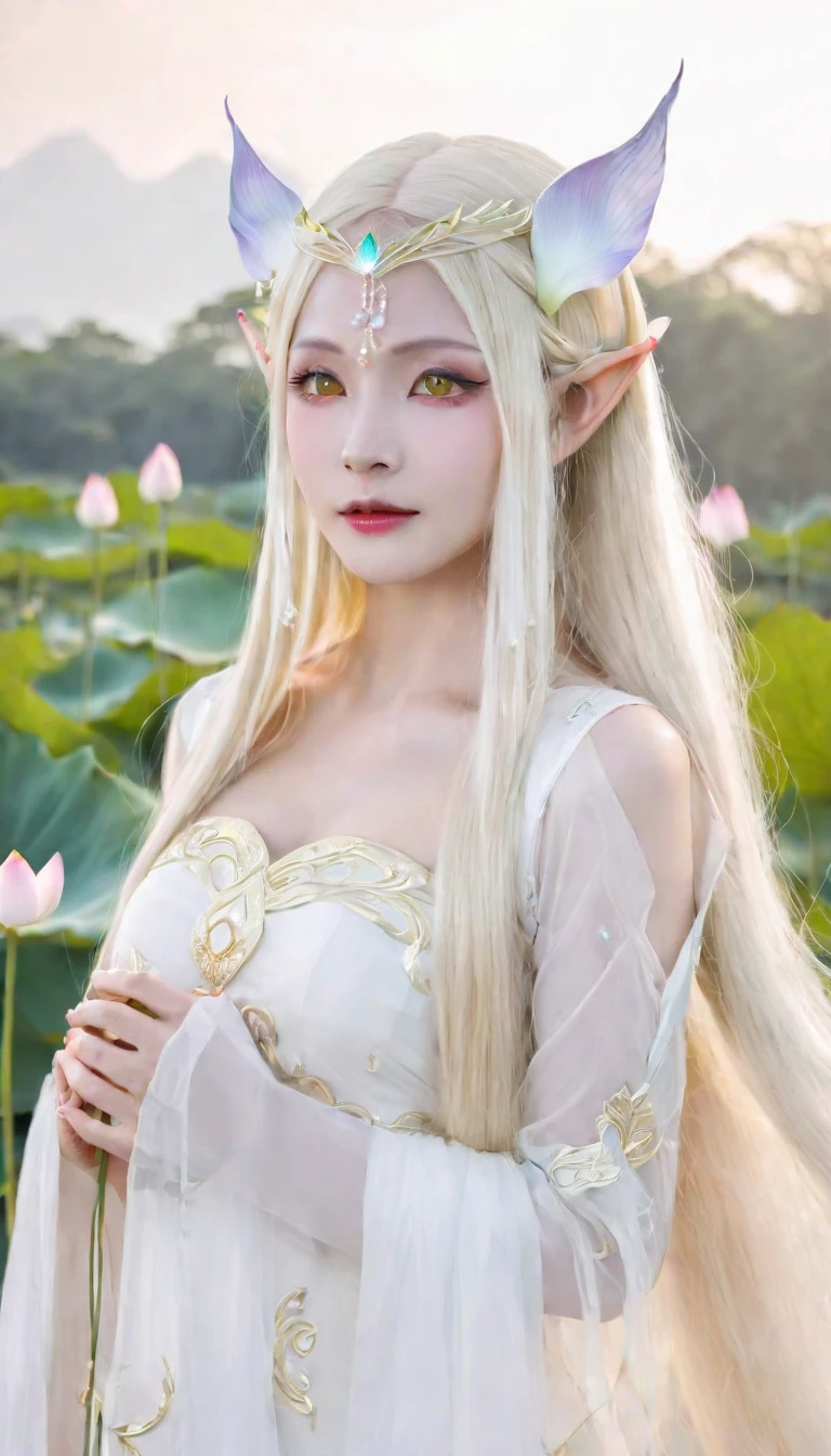 1woman, elven ears, white god, light blonde hair, longest hairstyle, glowing yellow eyes, white lotus, white light princess, elegant thai dress,