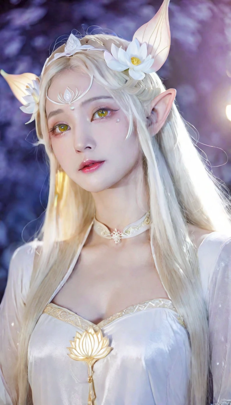 1woman, elven ears, white god, light blonde hair, longest hairstyle, glowing yellow eyes, white lotus, white light princess, elegant thai dress,