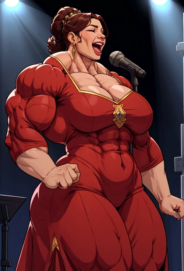 huge mom woman with muscles  sings happy on stage live