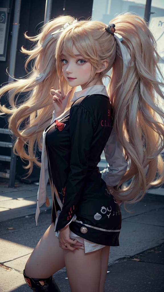 one a tall girl with an hourglass, light blue eyes and long, thick, bleached strawberry-blonde hair tied in two ponytails. Due to my work as a fashionista, I wear heavy makeup along with long (possibly fake) red nails. The usual outfit she wear includes a black cardigan over a white shirt, with both open at the third button to expose the top of her black and red bra, a red pleated miniskirt, and medium black boots with platform heels and red laces. Her cardigan is accented with white symbols of her old high school. she accessorize with a long tie that hangs loosely around my neck with a design alternating between pure white and half black and white with a no sign that hangs loosely around my neck, a thin black choker, a red bow above the left chests and two buttons on the right side. your most notable accessory is the twin bear hair clips that are based on both sides of Monokuma. The right clip is a completely white bear with dotted eyes and a neutral expression, while the left is a black bear with a white muzzle, scalloped red eyes, and a mischievous smile.