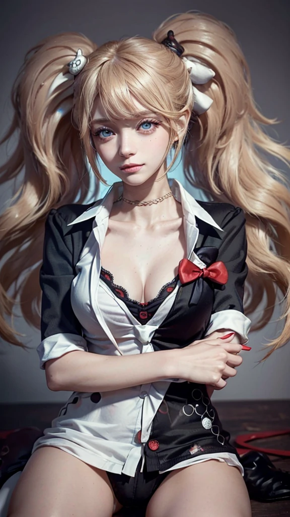 one a tall girl with an hourglass, light blue eyes and long, thick, bleached strawberry-blonde hair tied in two ponytails. Due to my work as a fashionista, I wear heavy makeup along with long (possibly fake) red nails. The usual outfit she wear includes a black cardigan over a white shirt, with both open at the third button to expose the top of her black and red , a red pleated , and medium black boots with platform heels and red laces. Her cardigan is accented with white symbols of her old high school. she accessorize with a long tie that hangs loosely around my neck with a design alternating between pure white and half black and white with a no sign that hangs loosely around my neck, a thin black choker, a red bow above the left chests and two buttons on the right side. your most notable accessory is the twin bear hair clips that are based on both sides of Monokuma. The right clip is a completely white bear with dotted eyes and a neutral expression, while the left is a black bear with a white muzzle, scalloped red eyes, and a mischievous smile.