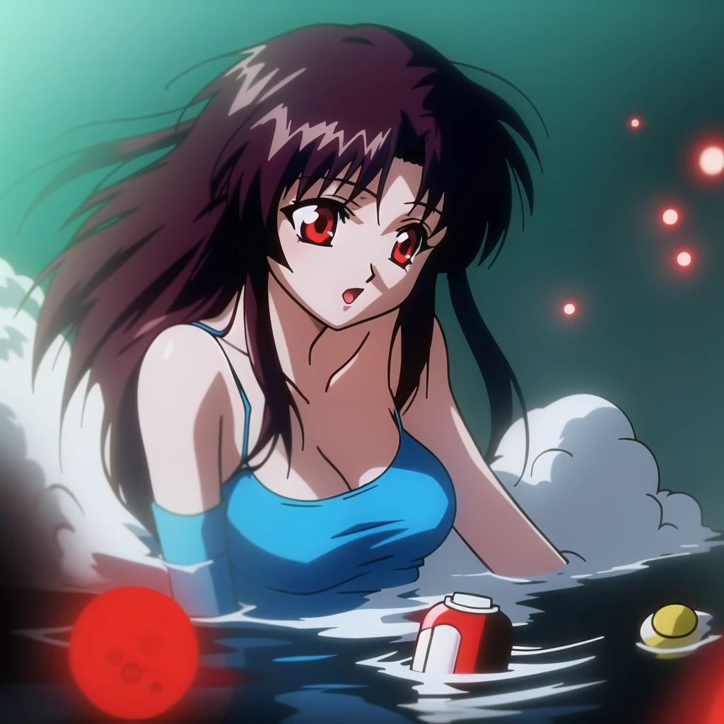 anime style, woman with red eyes, drunk, behind her several blue and red medicine capsules floating, dark image