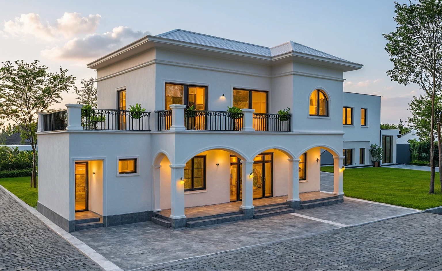 Raw photo, Masterpiece, high quality, best quality, authentic, super detail, outdoors, onestoreyvillaXL, aiaigroup, house style modern on the street ,stairs, white wall ,road,pavement, grass, trees, sky, cloud, (daylight:1.1)