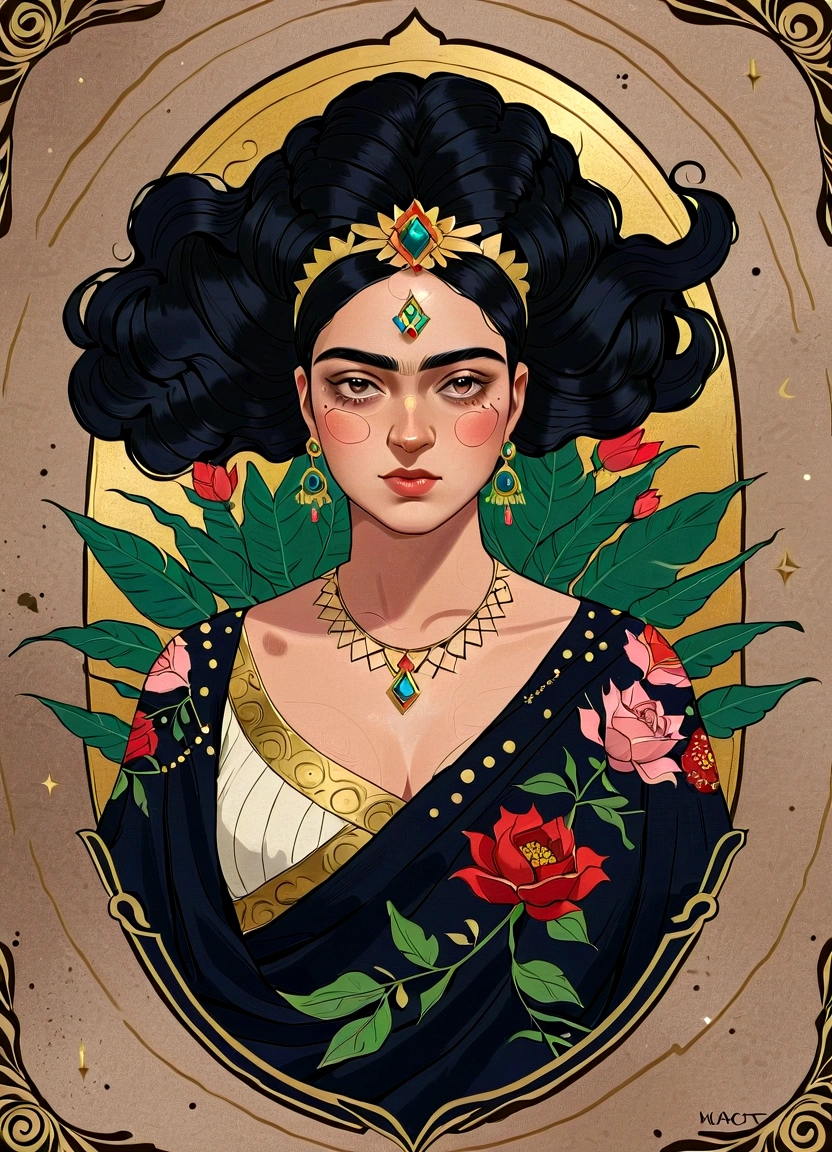 Frida Kahlo as a Tarot Card: score_9, score_8_up, score_7_up, score_6_up, score_5_up,  [ ACOCleopatra],[Black Hair],Cleopatra from Assassin's Creed Origins,[Jewelry],[ancient Egypt],4k,sharp image,detailed, sexy, extremely detailed artgerm,  (masterpiece, best quality:1.2),  (insanely detailed, beautiful detailed, masterpiece, best quality), (insanely detailed, masterpiece, best quality)  of tarot cards, a touch of Frida's signature artistic flair. (best quality, highres, vivid colors, photorealistic, artistic interpretation, detailed portrait), surreal tarot card, Frida Kahlo as a goddess in the tarot deck.