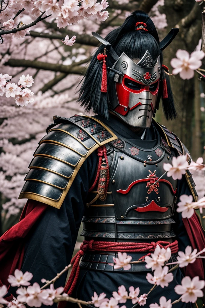 Samurai armor with Oni mask and cherry blossoms 