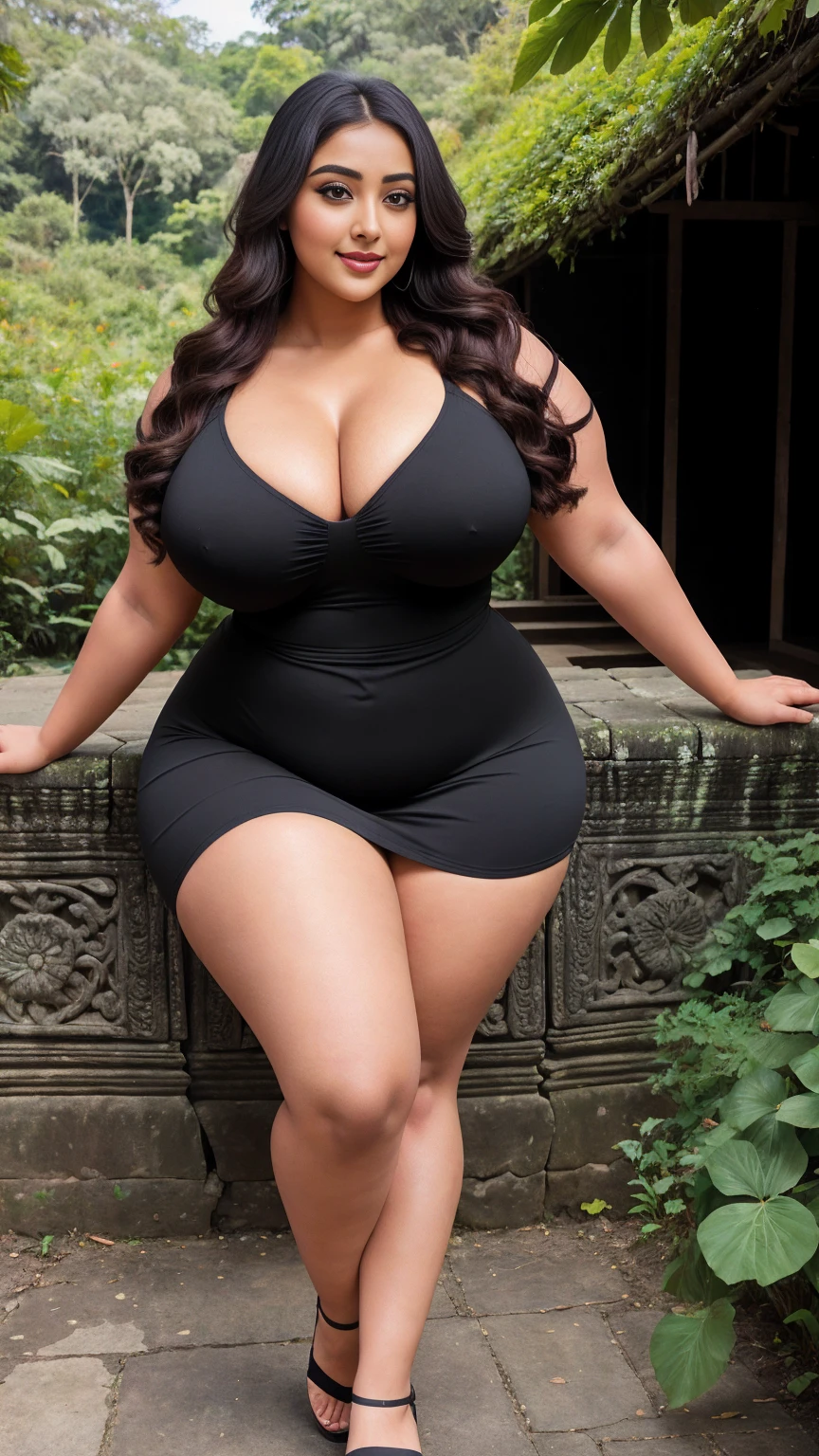 monali thakur Indian beautiful actress  plus size hour glass bulky huge figure woman, closeup camera view, big huge m-cup , wearing Plus Size Asymmetric Neckline Dress With Pocket And Circular Ring Decoration, Summer Short Sleeve Split Hem Dress Color: Ginger , covered  , elegant standing position, eye contact view, different style hairstyle, bright eyes, thin eyebrows, fair skin, blushing cheeks, prefect head to toe view, full body, and expansive views, ideal for high-fashion or editorial shoots, ultra realistic skin texture, head to toe view, full body shot, full body view, smile face, black hair, Indian face, perfect skin tone light, ultra realistic skin texture, bigger waist, , big , fleshy thighs, thick thighs, , full body view, Angkor Wat, Cambodia: Ancient temple complex surrounded by lush jungle.