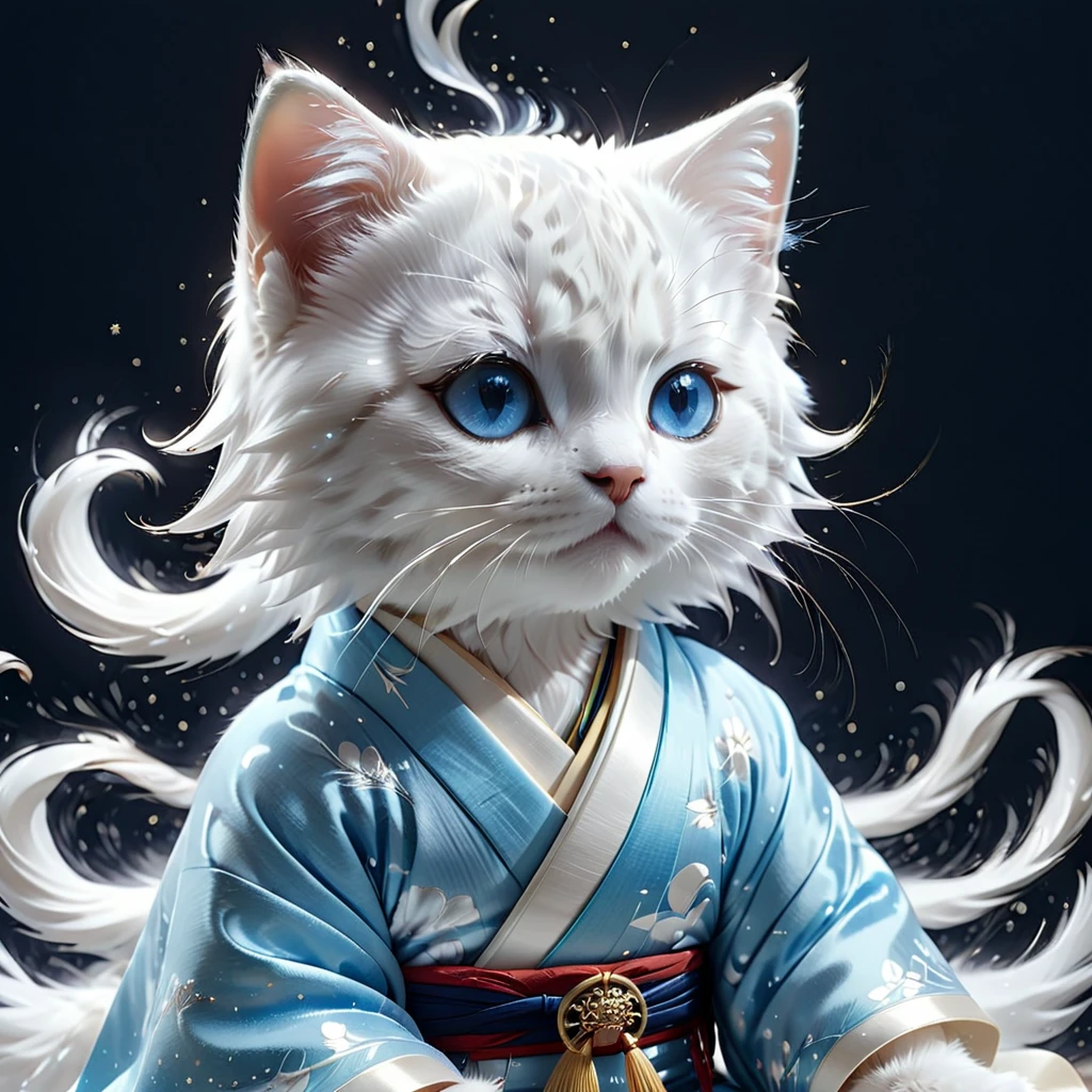 C4tt4stic, Japanese Heian period, surrounded by countless light particles, each shining brightly, elegantly colored kimono, illustration of a small cute creature wearing a twelve-layered kimono, full body, sitting, costume, imperial court, fantasy art, exquisite details, Jean-Baptiste Monge style, Alan Lee style, anthropomorphic blue-eyed white furry kitten, movie scene, dramatic shot angle, atmospheric particles, realistic, raw cinematic photorealism, action portrait, 8k, detailed, full frame