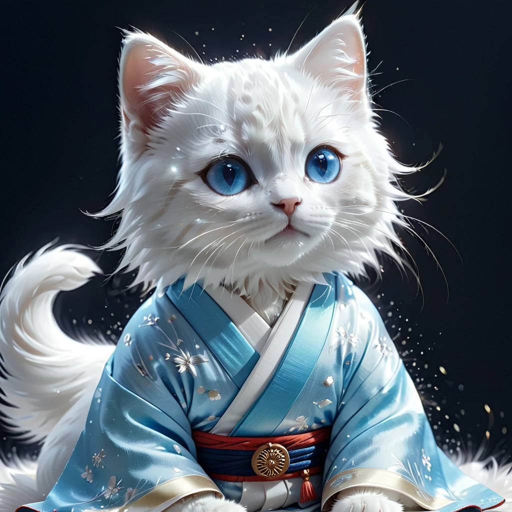 C4tt4stic, Japanese Heian period, surrounded by countless light particles, each shining brightly, elegantly colored kimono, illustration of a small cute creature wearing a twelve-layered kimono, full body, sitting, costume, imperial court, fantasy art, exquisite details, Jean-Baptiste Monge style, Alan Lee style, anthropomorphic blue-eyed white furry kitten, movie scene, dramatic shot angle, atmospheric particles, realistic, raw cinematic photorealism, action portrait, 8k, detailed, full frame