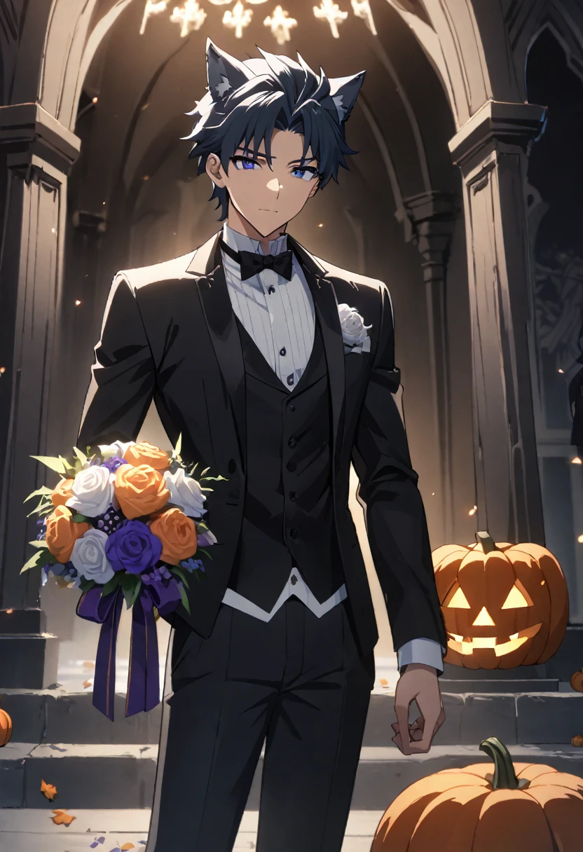 1boy, 25 years old refresh handsome holy knight man, wolf ear headband,top wearning tuxedo jacket and bottm wearning swimsuit, having Halloween pumpkin and wedding bouquet, Halloween and dark wedding chapel, middle muscler, knight is fall into darkness, japan anime style, masterpiece, best quality, very aesthetic, absurdres
