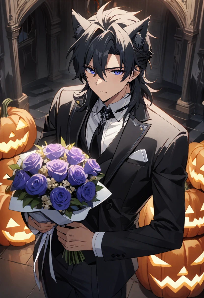 1boy, 25 years old refresh handsome holy knight man, wolf ear headband,top wearning tuxedo jacket and bottm wearning swimsuit, having Halloween pumpkin and wedding bouquet, Halloween and dark wedding chapel, middle muscler, knight is fall into darkness, japan anime style, masterpiece, best quality, very aesthetic, absurdres