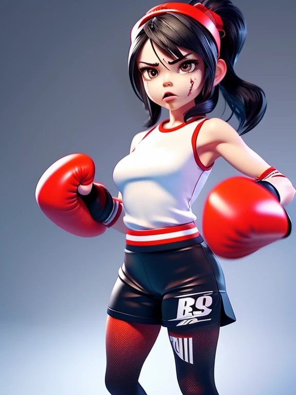 ((A girl with a very young face)), ((highest quality)), 、, A girl with a very young face wearing a pink and sky blue shirt, ((Girl with boxing gloves)),, (Shorts), , Boxing match ring、(Natural Makeup)、Off-the-shoulder girls、cute、Plump thighs、Big Breasts、Standing in the boxing ring、Dark Background、Belly button、Soft abdominal muscles fully exposed、Very small waist、Girl in the spotlight、A girl with a very young face and twin tails、A girl with a very young face smiling and raising her fist、NSFW:0.99