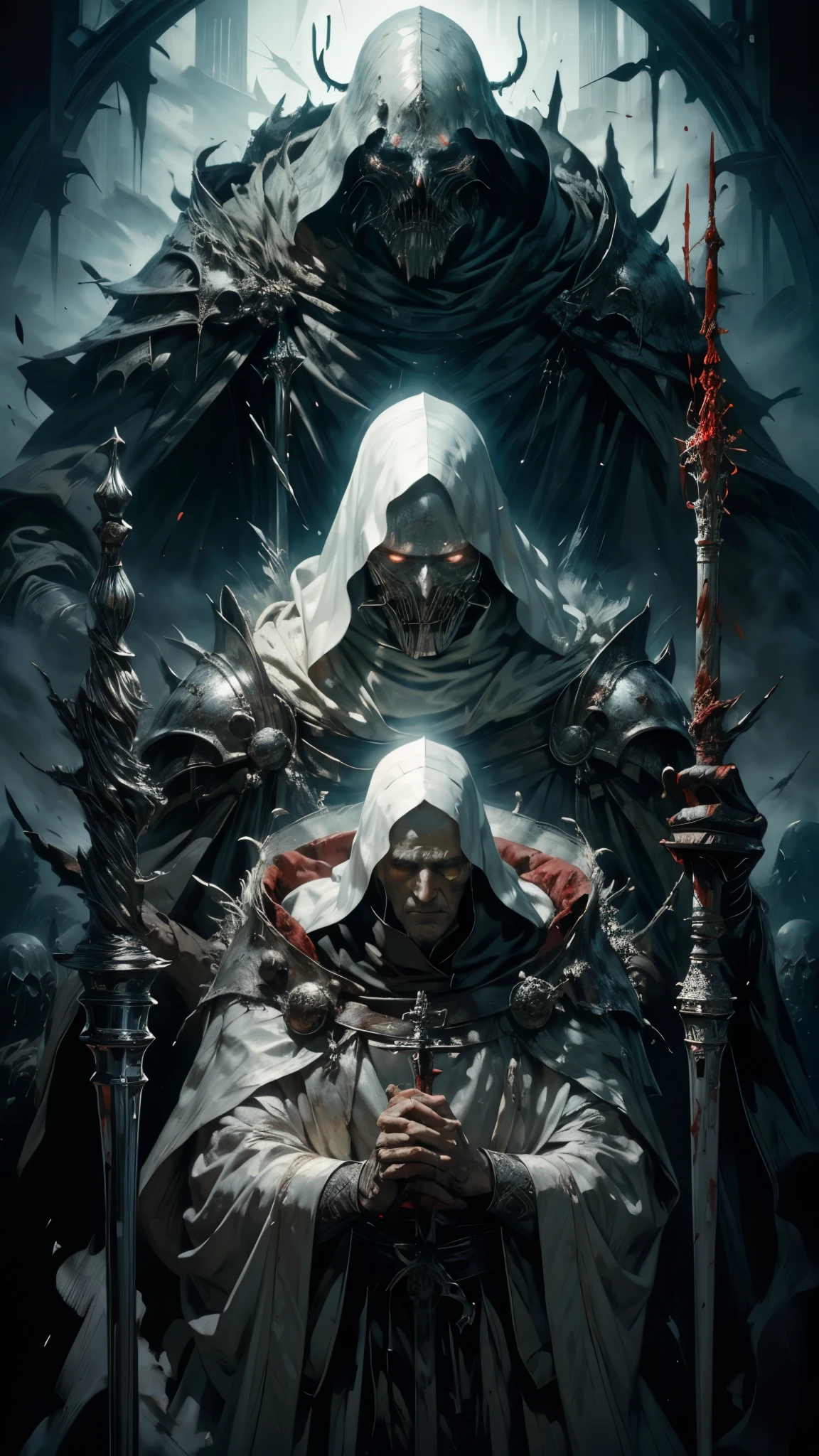 A priest,wearing a white robe,holding a staff,pacific face,fog on background,light room,(Fog: 1,5),dark fantasy ,medieval,dark souls,elden ring,(blood: 1,5),detailed,realistic,4K