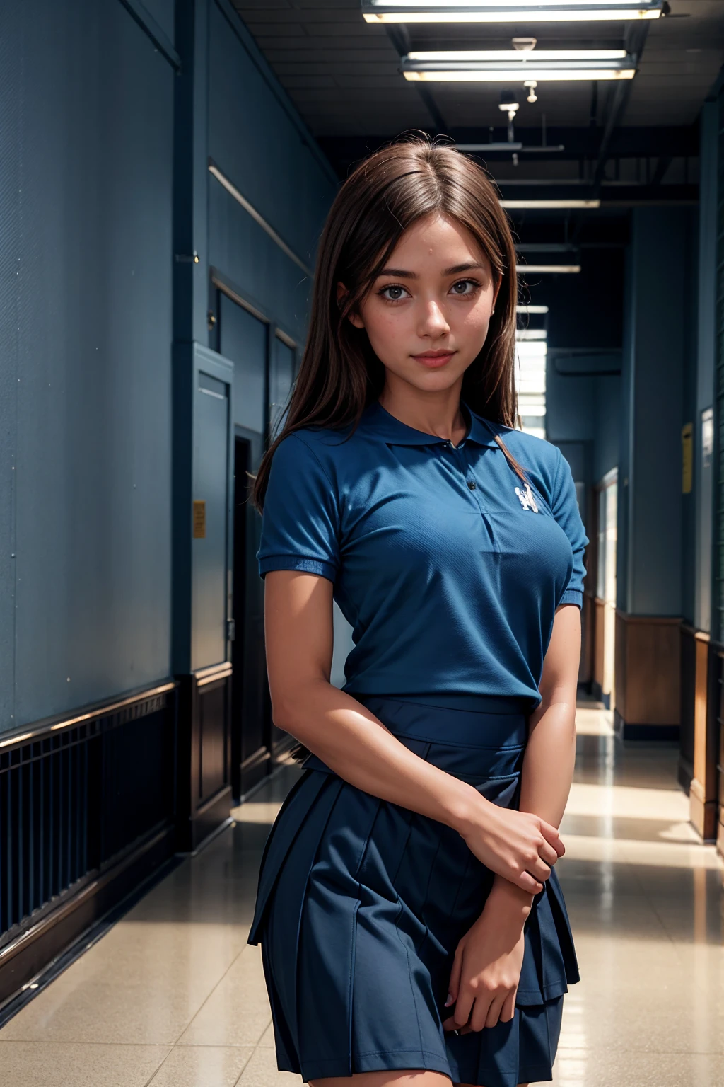 I want her to be a light-skinned girl animated in the style of my hero academia, with waist-length black hair with a layered v-shaped cut, my blue eyes, hourglass body, with a mole under the left eye, about 15 years old, wearing the UA uniform, in the background one of the halls of the ua.