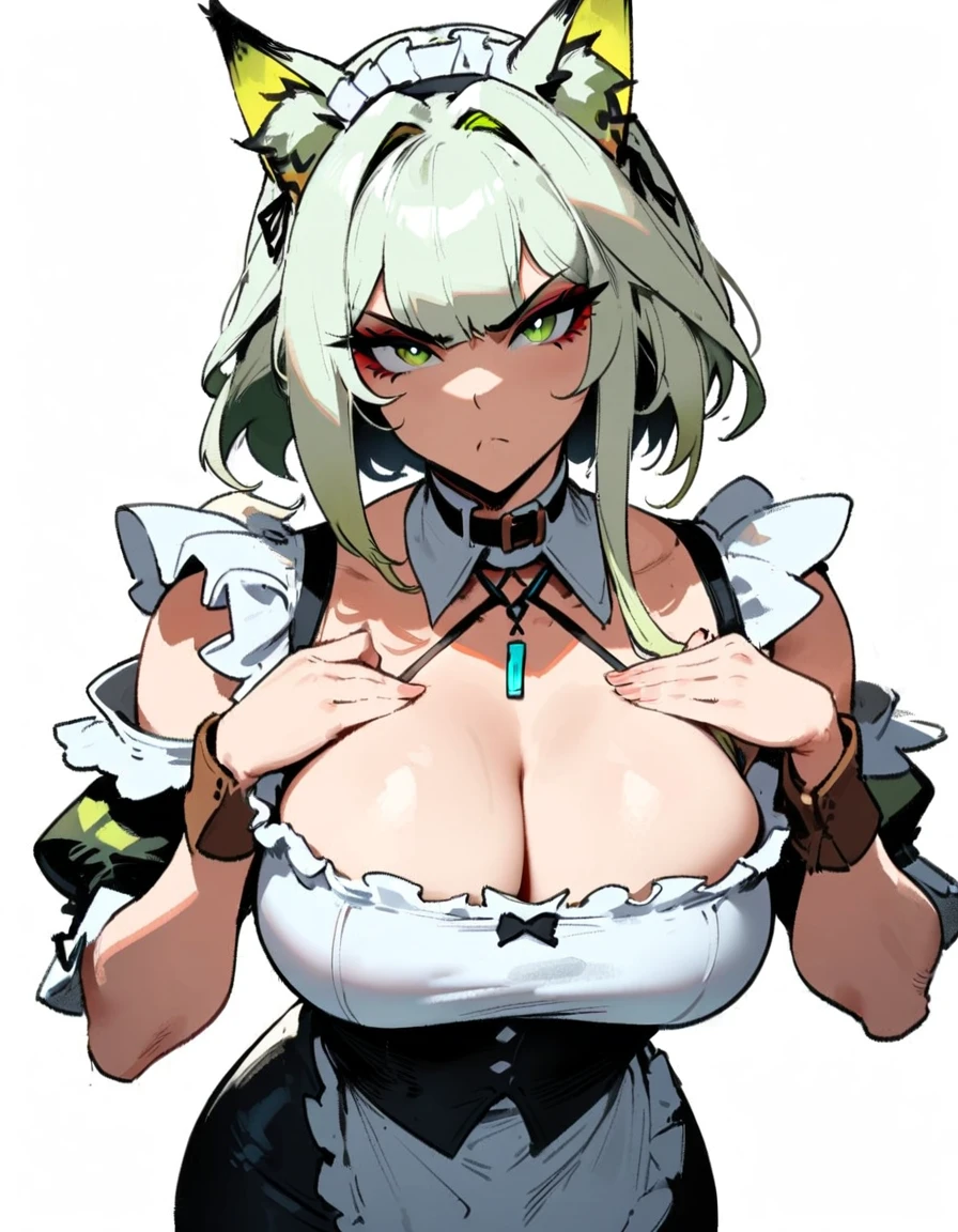 1girl, kal'tsit \(arknights\), arknights \\\\\ masterpiece, best quality, very aesthetic, absurdres, newest \\\\\\ slim body,///// ,by nyantcha,cutesexyrobutts , by khyle,,////// beautiful face, sexy, serious, angry, green eyes, animal ears, big tits,victorian maid
, solo,maid uniform, ,skirt, black and white clothes, white background
