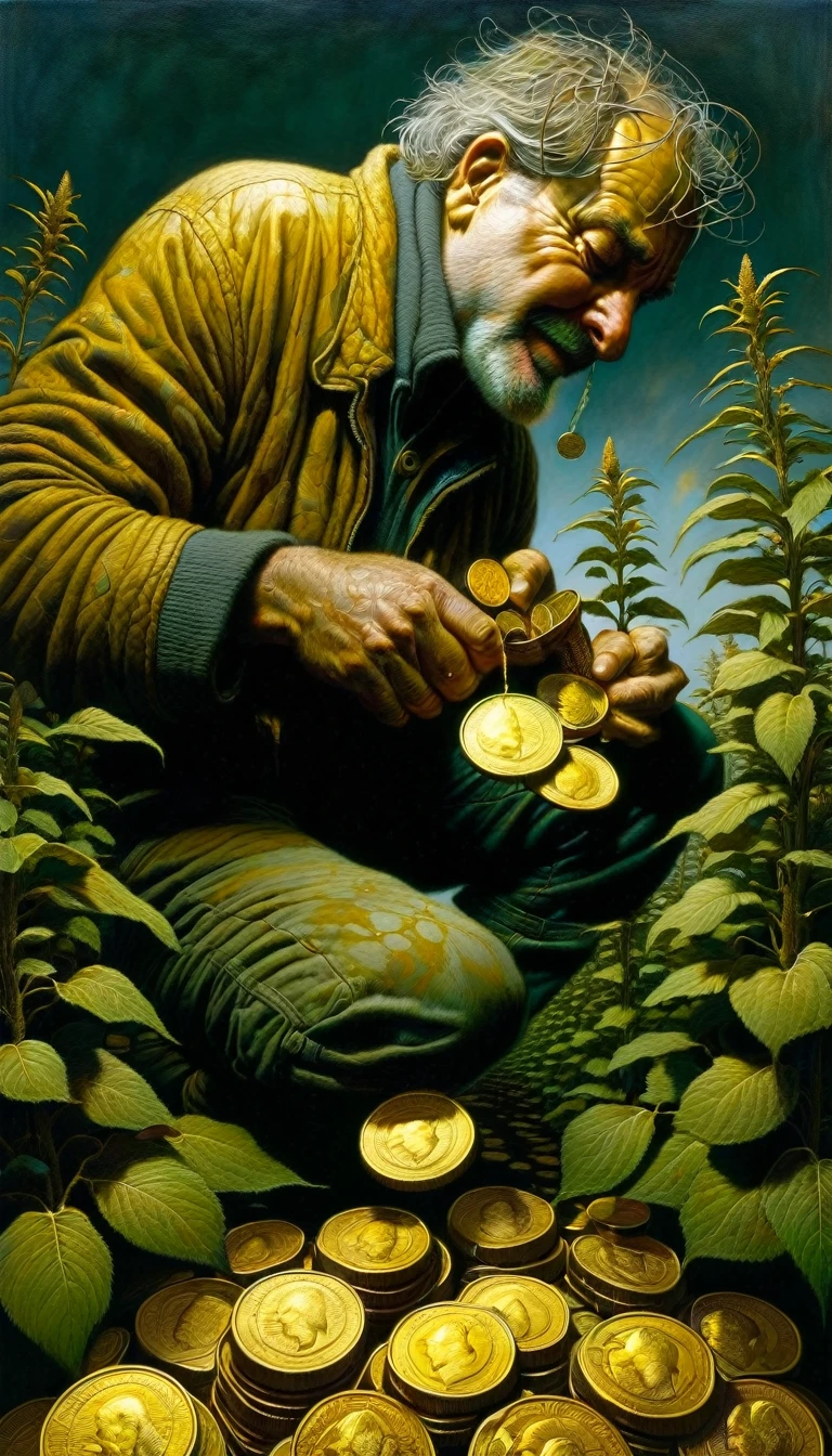 A farmer leaning on his hoe looks in disbelief as 7 gold coins grow from a plant. (Dave Mckean inspired art, intricate details, oil painting)
