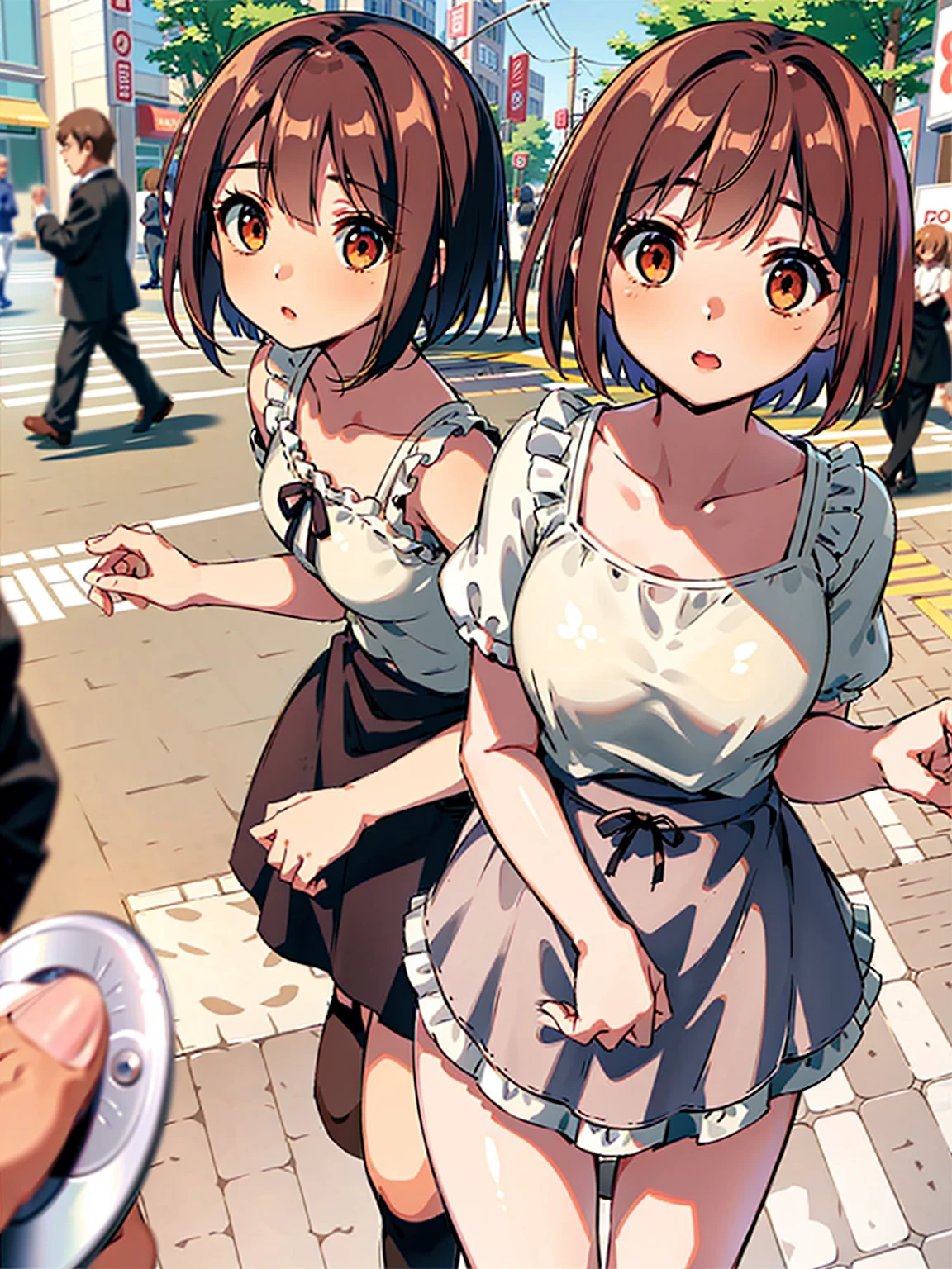 Regular pantyhose、Ultra-detailed、masterpiece、Highest quality、Ultra-high resolution、In 8K、high resolution、Detailed eyes、Gradation、Perfect anatomical figure ,hard disk、Hmph , Nikon Z9 80mm Lens 、Tabletop、Cinema Lighting, Physically Based Rendering, Award-winning, Highly detailed skin, Highly detailed face, Beautiful eyes in every detail、White Lace  、Fancy 、Detailed  Pattern、 Focus、(Pink cotton tight ), Light orange tank top、10-year-old female, (Beautiful light brown hair, High Ponytail、Looking into the camera、Daytime street、Bright sun、crotch grab,public