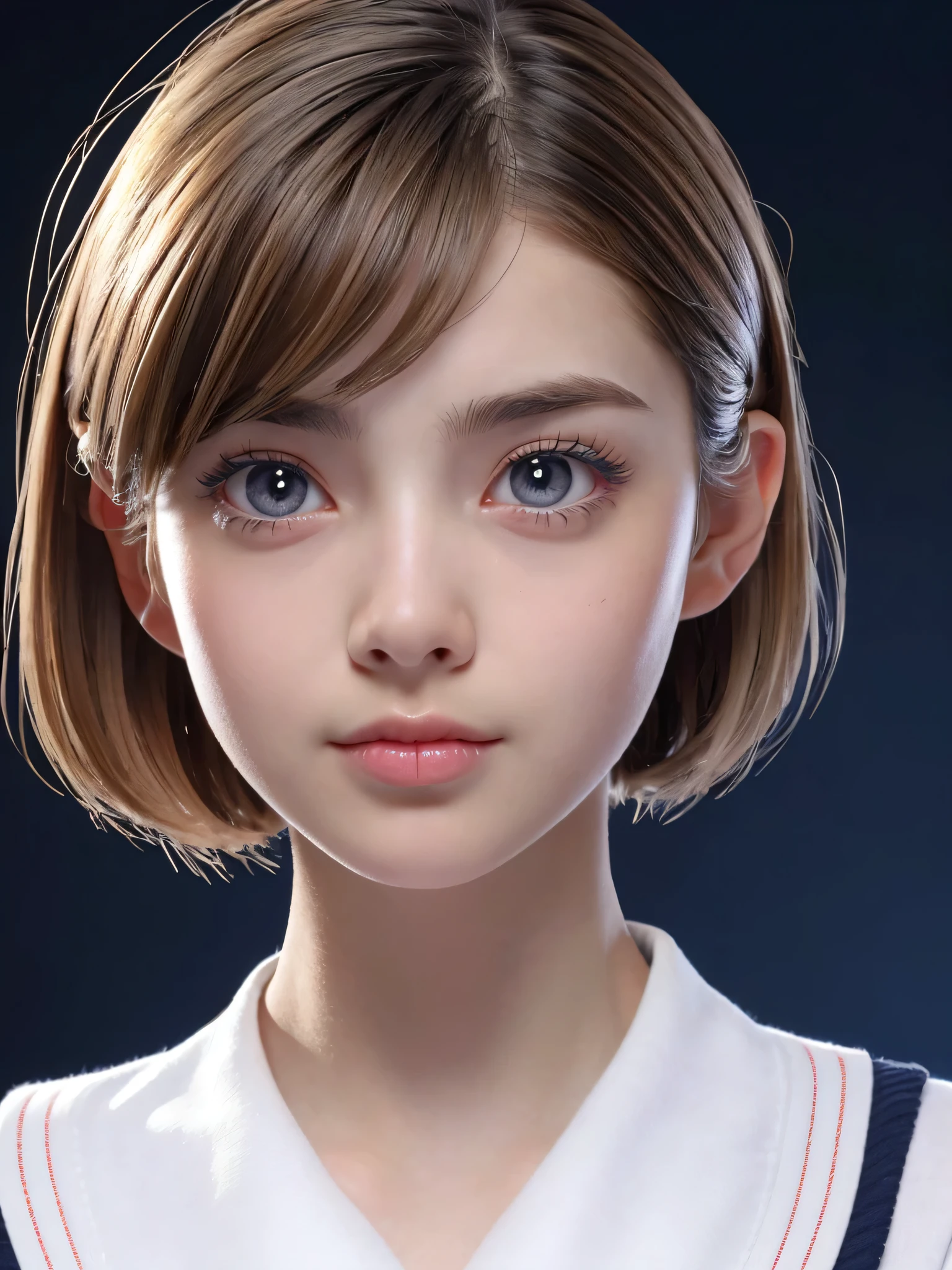 One Girl，(1人のとてもcute女の子:1.3)，masterpiece，Highest quality，High resolution，Photorealistic，RAW Photos，Ray Tracing，beautiful girl，(15 years old:1.3)，cute，Realistic eyes，blue eyes，(detailed pupils:1.2)，(The face is facing straight ahead:1.3)，Body facing forward，Beautiful nose，Fuller lips，Short blonde hair，ponytail，short hair，Detailed eyelashes，Thin eyebrows，Very fine grain definition，(Symmetrical eyes:1.3)，(Face close-up，Face Focus:1.0)，Small breasts，White and navy blue sailor suit，，Afternoon Classroom，Portrait，View Viewer，Upper Body，Cinema Lighting，High resolution，Very detailed