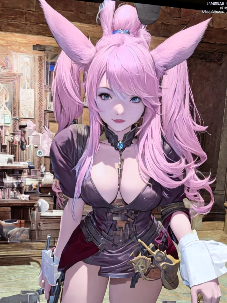 There is a woman with pink hair and bunny ears standing in a room, final fantasy style 14, final fantasy 14 sharp, neferpitou, Final Fantasy XIV, Final Fantasy 1 4 screenshot, She is in the potions workshop, wearing cyber bunny ears, ffxiv, close-up portrait of an artificer, Final Fantasy 1 4, tiflin hermosa con su traje de caballera negra sosteniendo una espada en un lobby del juego y pose de guerrera