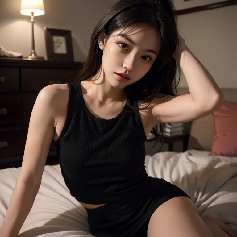 A girl, (in bedroom), various hair styles, night, details face, short skirt, seducing, sleeveless, tank top, armpits, laying on bed