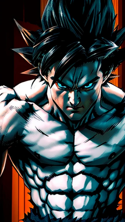 Son goku, a messy spiky black hairstyle, dark-colored eyes, and facial features, softer eyes, but an expression of determination on his face, a kind demeanor, and a lighter-pale skin complexion, strong, defined muscles,  pale orange and dark blue clothing, Tough man, badass pose  