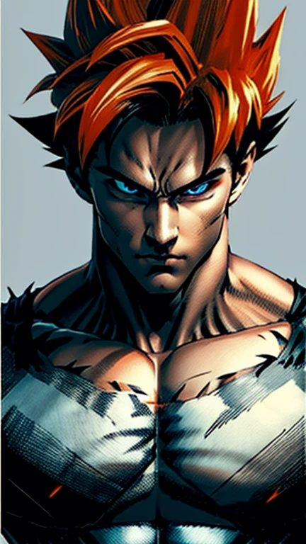 Son goku, a messy spiky black hairstyle, dark-colored eyes, and facial features, softer eyes, but an expression of determination on his face, a kind demeanor, and a lighter-pale skin complexion, strong, defined muscles,  pale orange and dark blue clothing, Tough man, badass pose  