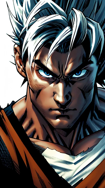 Son goku, a messy spiky black hairstyle, dark-colored eyes, and facial features, softer eyes, but an expression of determination on his face, a kind demeanor, and a lighter-pale skin complexion, strong, defined muscles,  pale orange and dark blue clothing, Tough man, badass pose  