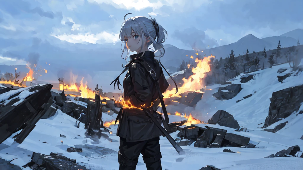 masterpiece:1.2), best quality , 独奏 ,pixiv, anime girl ，long straight white hair , black eyes ,Wearing off-white camouflage uniform ,ten years old，modern battlefield，(Eyes looking into the distance:1.3)，(look away:1.5)，snowy weather，dirty face，The background is a sea of fire with blood on the forehead，dirty face，Backlight，Bare rocky peaks ,Fierce flames are burning，The expression is sad，bullets flying
