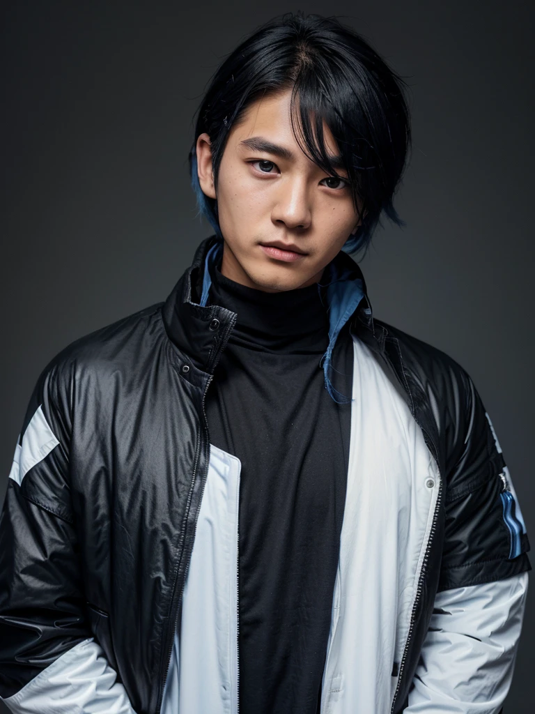 a handsome, realistic Korean teenage boy, blue eyes, coma hair with black and white hair dye, slightly messy hair, wearing a black jacket with a high neck covering his neck, and on the neck of the jacket there is a name in blue that says "1995", medium looks up and poses with one hand on his face covering one eye, black background