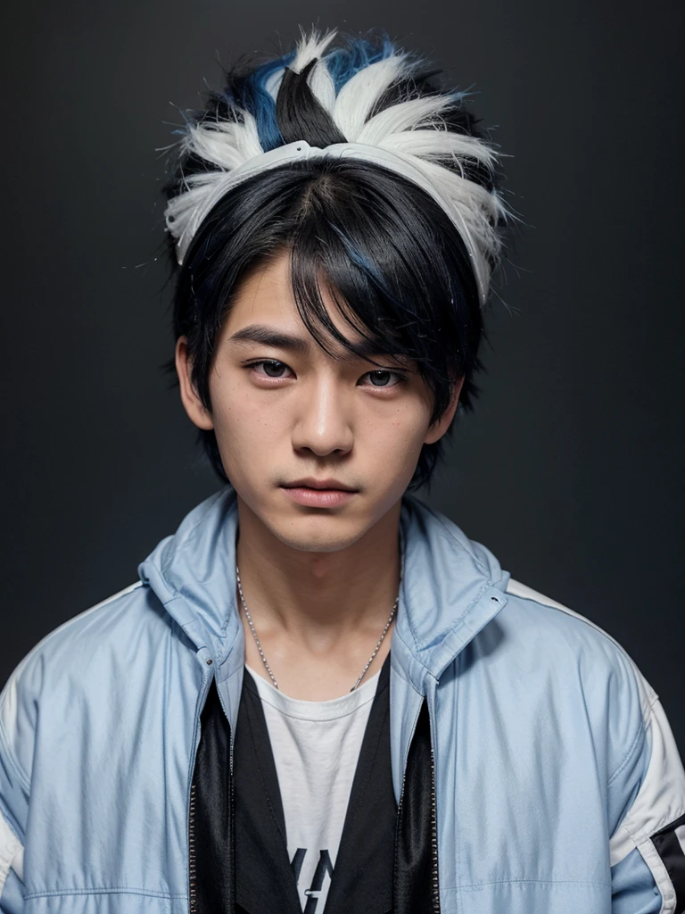 a handsome, realistic Korean teenage boy, blue eyes, coma hair with black and white hair dye, slightly messy hair, wearing a black jacket with a high neck covering his neck, and on the neck of the jacket there is a name in blue that says "1995", medium looks up and poses with one hand on his face covering one eye, black background