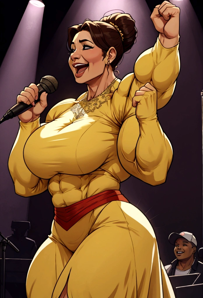 huge mom woman with muscles  sings happy on concert