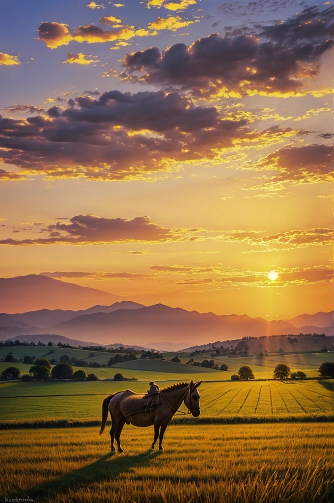 Old man with donkey in field warm lights sunset nice painting impressionism