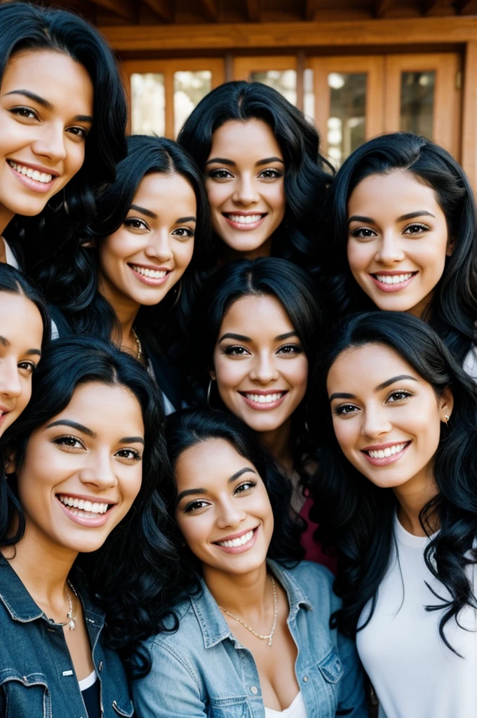 Woman with long curly black hair smiling, surrounded by friends and collaborators in a harmonious environment.)
