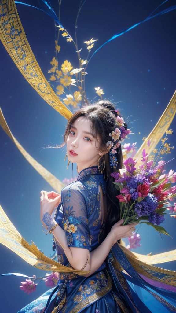 (masterpiece, Top quality, best quality, Official Art, beautiful and aesthetic:1.2), (1 Girl:1.3), Extremely detailed,(Fractal Art:1.1),(rich and colorful:1.1)(Flowers:1.3),The most detailed,(tangled:1.2), (Dynamic poses), (Blue Background:1.3), (Traditional Chinese cloth:1.2), (Glowing skin), (Many colors:1.4), ,(earrings:1.4),
