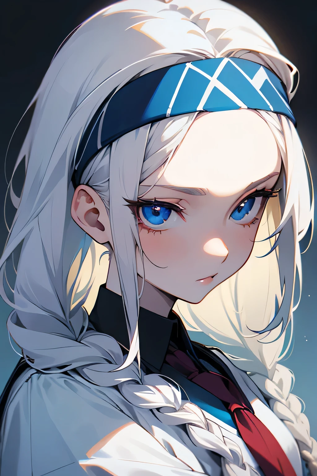 (anime) a closeup of a girl. pale skin, white hair. her eyes are yellow, but her right eye is half blue. the blue is on the top. she has three braids, two in the front of her face and one in the back. she has a middle part. her bangs are slicked under her braids. she wears a navy headband and a white button up shirt. she wears a red tie that is tucked under a navy v-neck sweater.