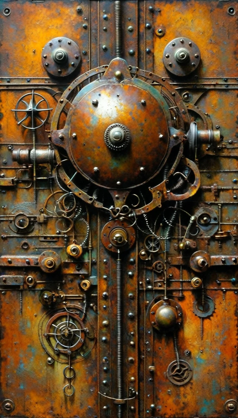 rusty metal panel with screwed and welded parts (Dave Mckean inspired art, intricate details, oil painting)
