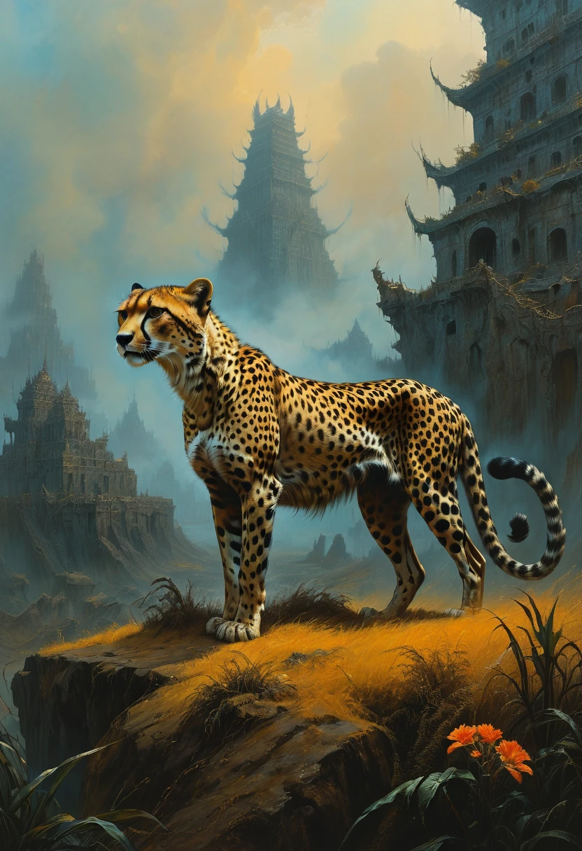 A Cheetah, by Zdzisław Beksiński, best quality, masterpiece, very aesthetic, perfect composition, intricate details, ultra-detailed