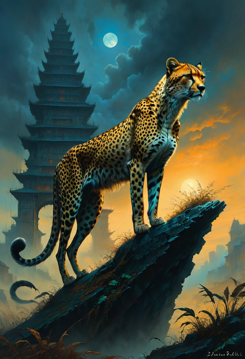 A Cheetah, by Zdzisław Beksiński, best quality, masterpiece, very aesthetic, perfect composition, intricate details, ultra-detailed