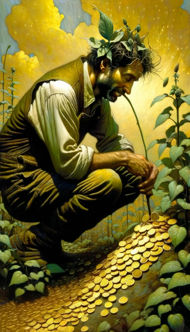 A farmer leaning on his hoe looks in disbelief as 7 gold coins grow from a plant. (Dave Mckean inspired art, intricate details, oil painting)