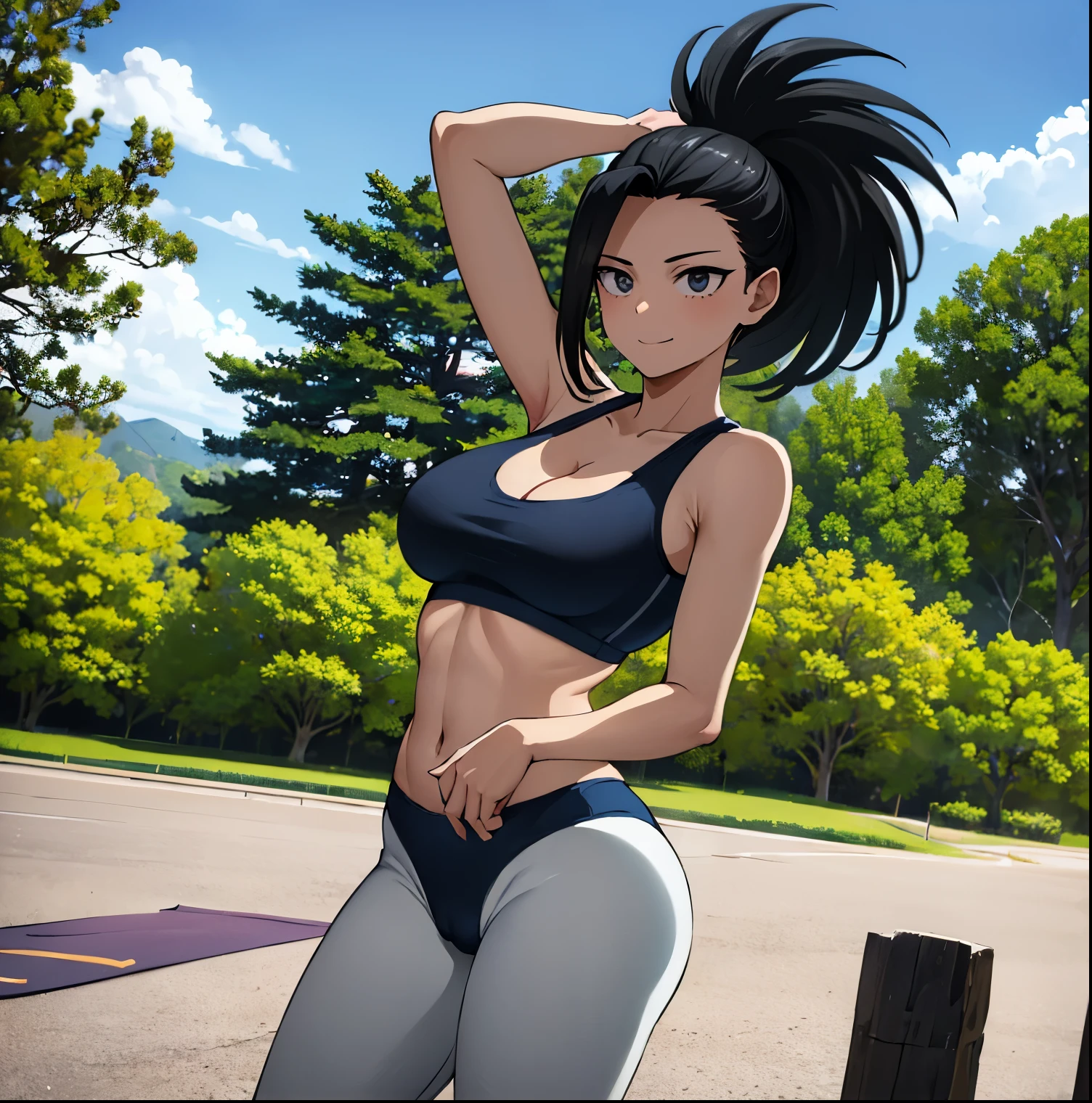 1girl,alone,momo yaoyorozu,masterpiece,best quality,high resolution,ultra detailed,detailed eyes,cowboy shot,dynamic posture,sharp focus,soft and smooth skin,seductive,smiling,closed mouth,looking at viewer,black hair , ponytail, hair tied back, black eyes, big breasts, medium waist, wide hips, wide thighs, round butt, long sleeves, sweat,(smoking body),((blue sports bra:1.3)) ,(( tight bra)),off shoulder, ((exposed navel:1.3)), single, ((white sneakers)), ((blue yoga pants:1.4)), ((cleavage1.4)),((tight pants) ),red heels,smile,standing,straight,arms up,(arms behind head),sweat,steaming body,outdoor,Japanese park,cherry trees,looking back,from behind,((focus on the butt))pov (from below), perfect anatomy, perfect hands