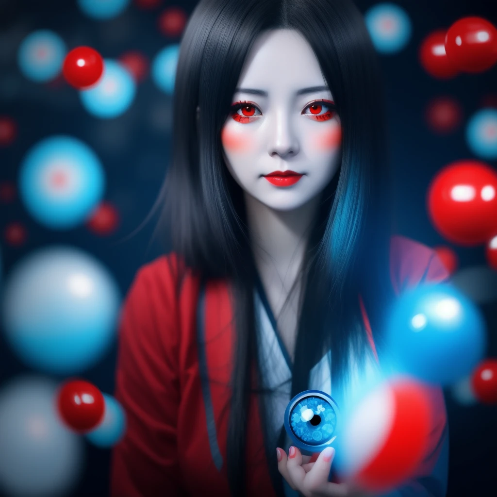 anime style, woman with red eyes, drunk, behind her several blue and red medicine capsules floating, dark image