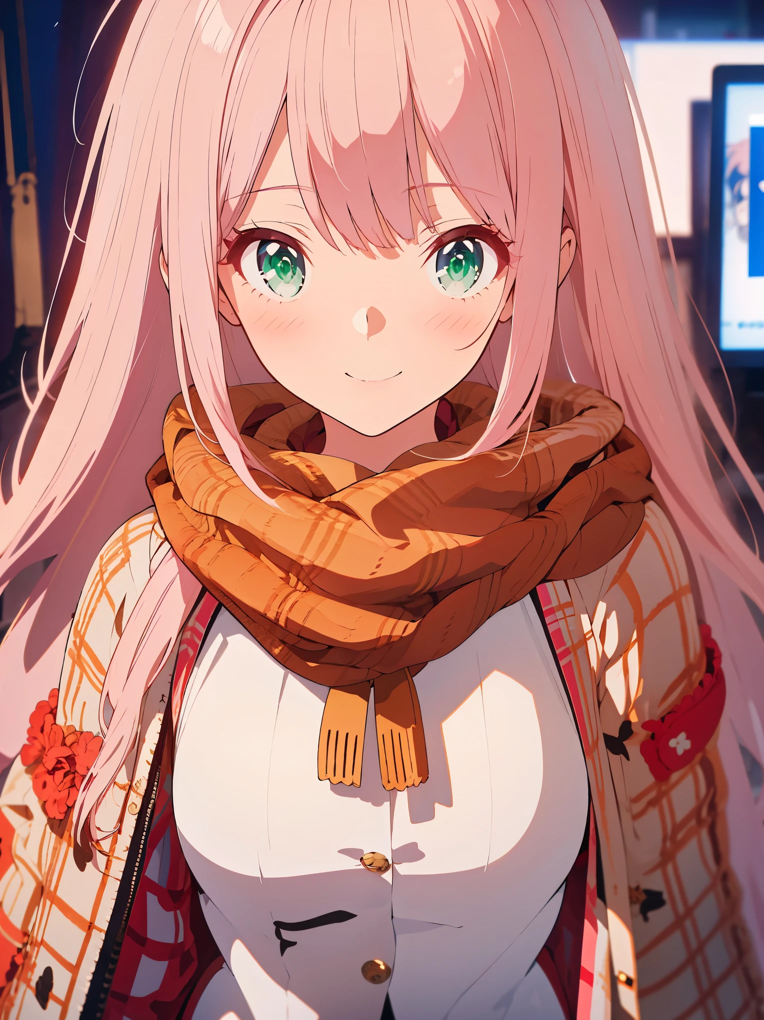 {{{{tmasterpiece}}}}, {{{ultra - detailed}}}, {{{A high resolution}}}, {{Good anatomy}}, (((Best quality at best))), ((Maximalism)),((Emerald eyes,with pink hair)),{{Extremely detailed and refined}}, {8k CG wallpaper}, {{illustratio,Get on camera,closeup of face,Face portrait}}, (long whitr hair|detailed hair|bluntbangs|shinny hair),((shirt coat: The white,plaid shirt,Outerwea,brown knitted scarf)),proud face,Blushing with joy,(1 girl:1), Alone,little breast, (color difference:1.2)