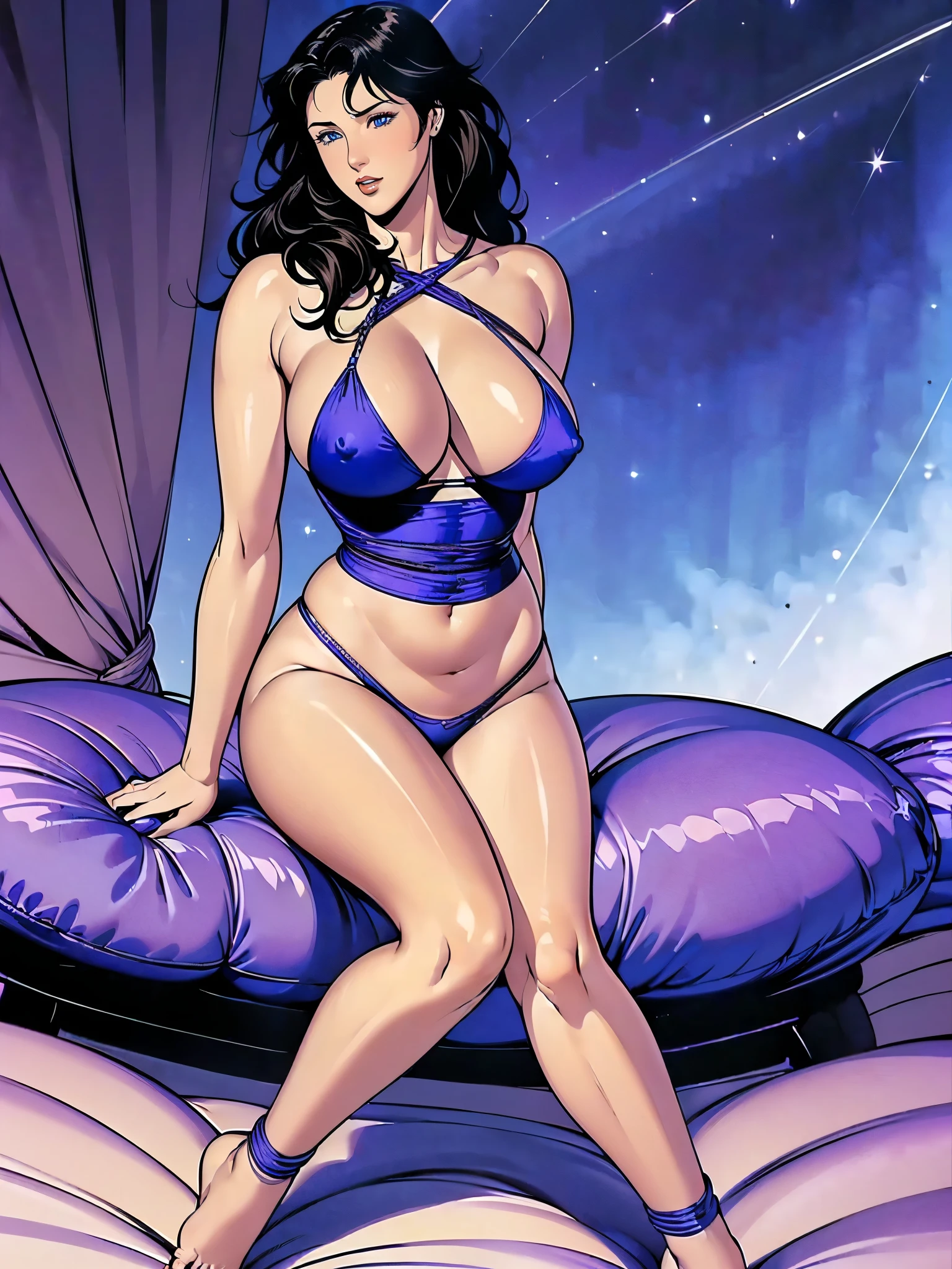 (masterpiece:1.2, Highest quality,Highest quality),(Very detailed),8K,wallpaper,Studio Lighting,Ultra-fine painting,Narrow your focus,Physically Based Rendering,1 female,Beautiful Skin,Shiny skin,Beautiful Hands,Detailed hand drawing,(Shiny costumes),(Wearing a belt around his waist),Sensual,(Hair blowing in the wind),((Night sky and shooting stars)),(((RuiKisugi,1 Female, Long Hair,Wavy Hair,Black Hair,eyelash,blue eyes,lipstick, ,(((Better Hands))),Large Breasts,Big Hips,Thick thighs,(Long legs:1.2),Cleavage,Mature Woman, Hip Up,Abdominal muscles,((Large Breasts:1.4))、Tight waist,Voluptuous body line,Beautiful legs,Beautiful feet,Long legs,Photograph the whole body,Beautiful feet,Long legs,Thighs open,Nipples visible,The areola is protruding,Voluminous lower body,Thick thighs,Big Ass, Big sexy ass, Perfect Body Proportions, Slim waist, Full body photography, 赤いlipstick, Sitting on sofa with legs spread,Black Micro Bikini、(Rope Bondage:1.2),((Put your arms behind your back)),Tied up woman,Tied up with rope, Tightly bound, Hands tied, Her body was tied with ropes,Sitting on sofa with legs spread,Length 180cm