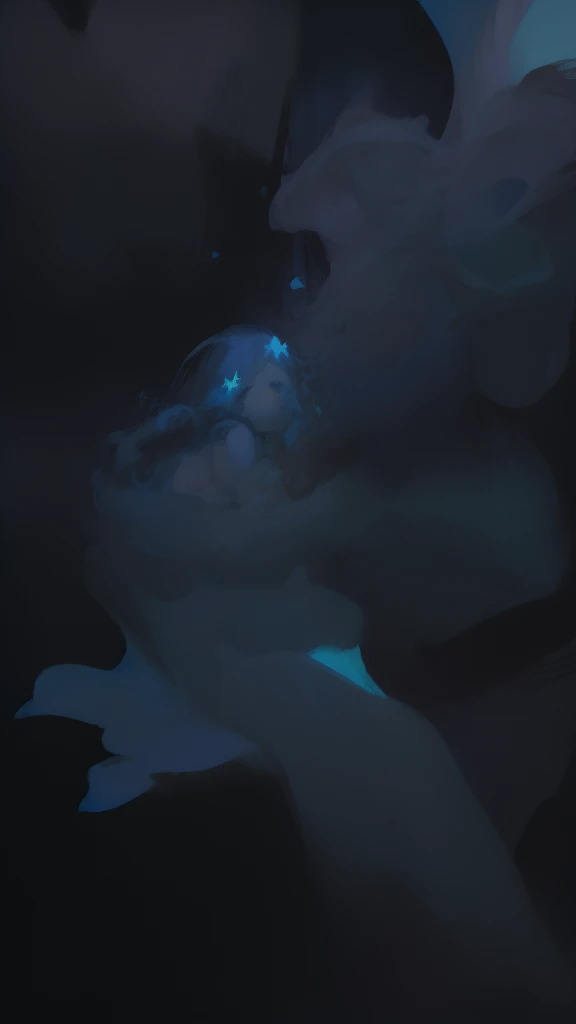 ((SFW)), (best quality,4k,8k, high res,masterpiece:1.2), ((masterpiece)), (((best quality))), slightly muted colors, hair color, hairstyle fax, eyes, clouds, flowy hair, stars in hair, adult, starry eyes, sea, ocean, celestial, hairstyle fax, deity, muted blue hair, sky-like hair with stars, ocean hair, soft smile, (({comforting aura})) (((abstract:0.5, melting elements from the painting, ghostly, transparent))), angels, luminous, bright character, ghostly luminous character, siren, mesmerizing siren, ((2 figures, one dark figure and one light figure mesmerizingly together in the most ethereal romantic artwork))