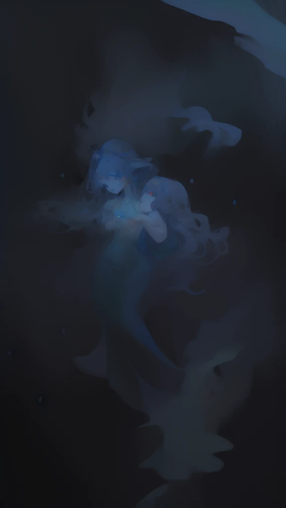 ((SFW)), (best quality,4k,8k, high res,masterpiece:1.2), ((masterpiece)), (((best quality))), slightly muted colors, hair color, hairstyle fax, eyes, clouds, flowy hair, stars in hair, adult, starry eyes, sea, ocean, celestial, hairstyle fax, deity, muted blue hair, sky-like hair with stars, ocean hair, soft smile, (({comforting aura})) (((abstract:0.5, melting elements from the painting, ghostly, transparent))), angels, luminous, bright character, ghostly luminous character, siren, mesmerizing siren, ((2 figures, one dark figure and one light figure mesmerizingly together in the most ethereal romantic artwork))
