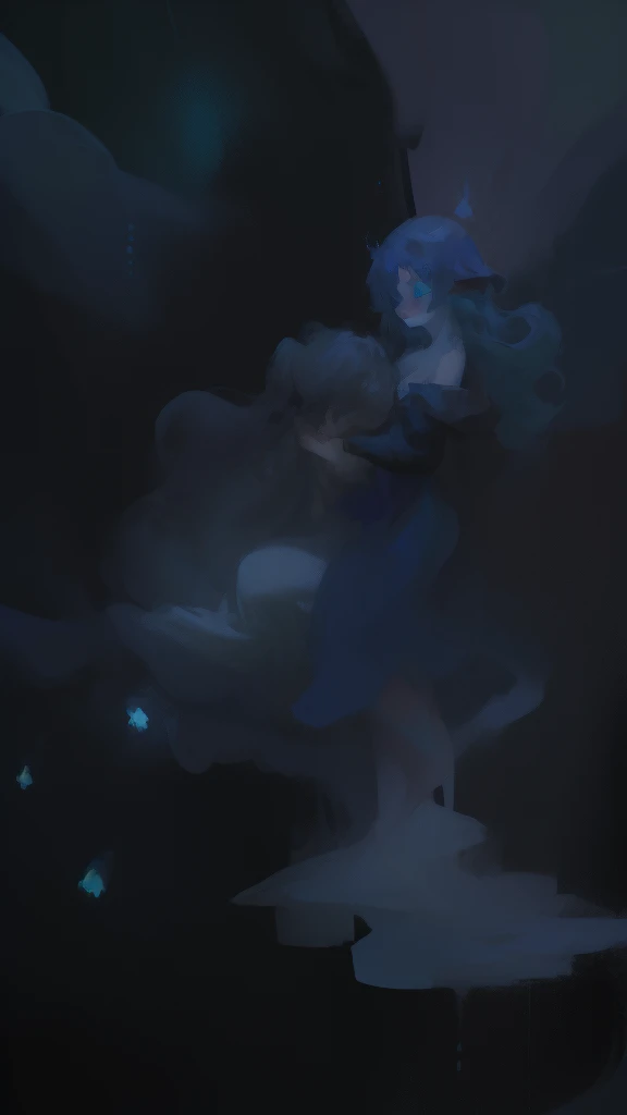 ((SFW)), (best quality,4k,8k, high res,masterpiece:1.2), ((masterpiece)), (((best quality))), slightly muted colors, hair color, hairstyle fax, eyes, clouds, flowy hair, stars in hair, adult, starry eyes, sea, ocean, celestial, hairstyle fax, deity, muted blue hair, sky-like hair with stars, ocean hair, soft smile, (({comforting aura})) (((abstract:0.5, melting elements from the painting, ghostly, transparent))), angels, luminous, bright character, ghostly luminous character, siren, mesmerizing siren, ((2 figures, one dark figure and one light figure mesmerizingly together in the most ethereal romantic artwork))