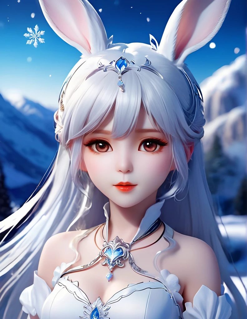 quality(8k wallpaper of extremely detailed CG unit, ​masterpiece, hight resolution, top-quality, top-quality real texture skin,hyper realisitic, digitial painting,increase the resolution,RAW photos，best qualtiy,highly detailed,the wallpaper),BREAK,8K, Chibi, rabbit ears, long white hair, white dress, snow, ice crystals, 