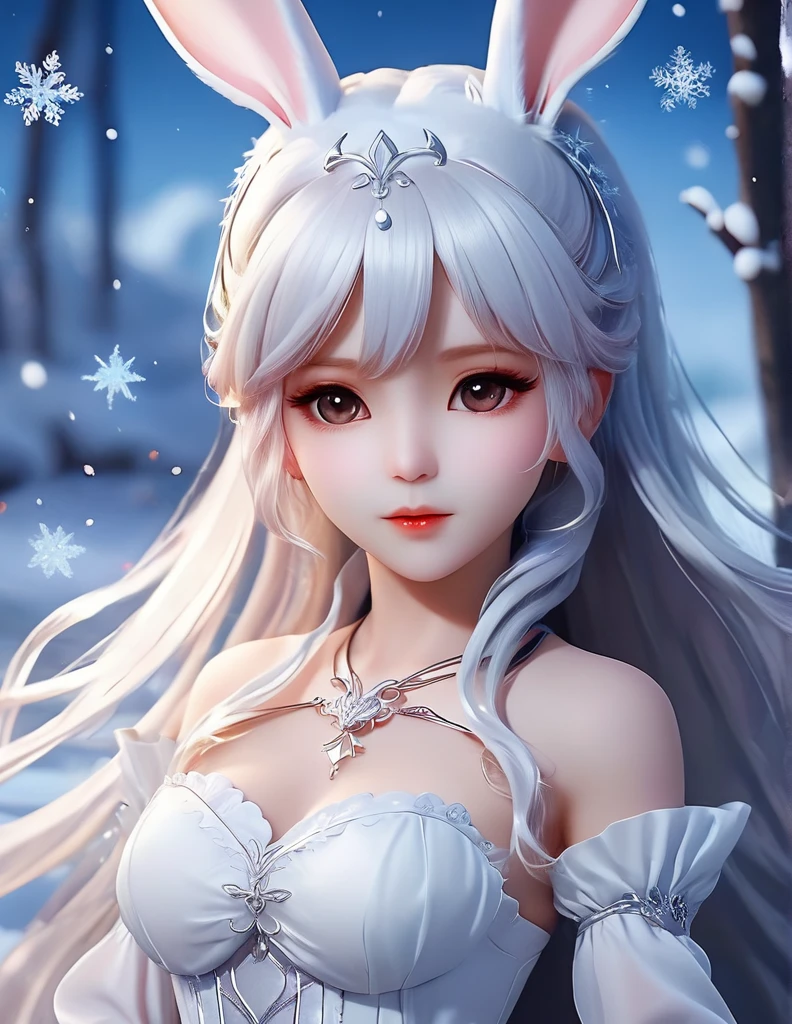 quality(8k wallpaper of extremely detailed CG unit, ​masterpiece, hight resolution, top-quality, top-quality real texture skin,hyper realisitic, digitial painting,increase the resolution,RAW photos，best qualtiy,highly detailed,the wallpaper),BREAK,8K, Chibi, rabbit ears, long white hair, white dress, snow, ice crystals, 